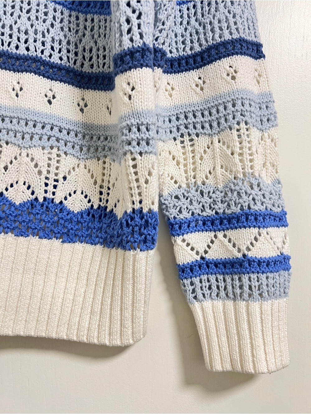 LOFT Chunky knit Open Stitch Cream Sweater with Light and Royal Blue Stripes, M - Picture 3 of 9